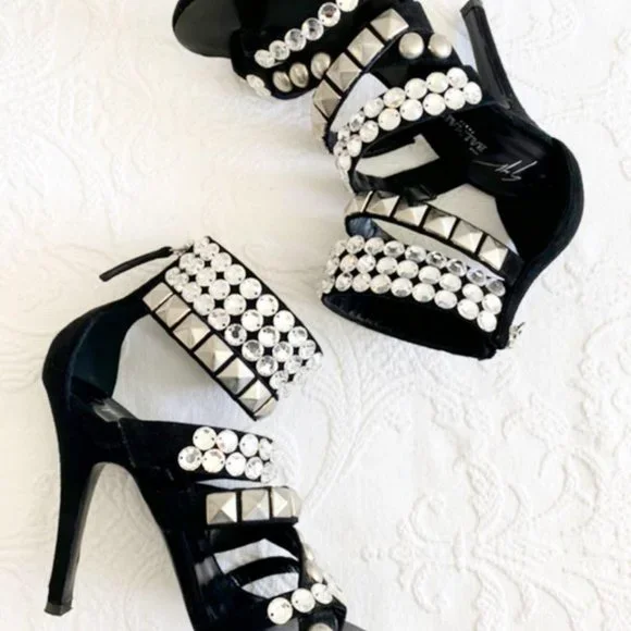 [SOLD] Giuseppe Zanotti x Balmain Black Suede Rhinestone Evening Sandals Heels - Picture 3 of 10
